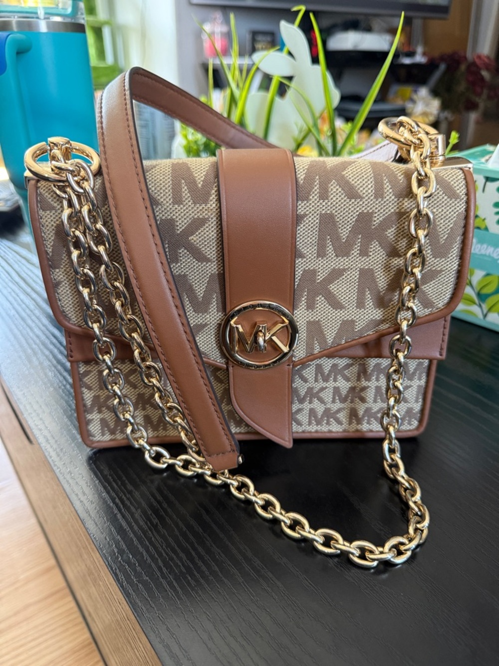 Michael Kors Brown Logo Crossbody with Gold Chain